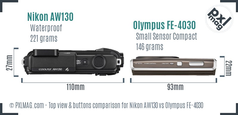 Nikon AW130 vs Olympus FE-4030 top view buttons comparison