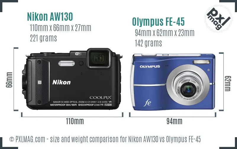 Nikon AW130 vs Olympus FE-45 size comparison