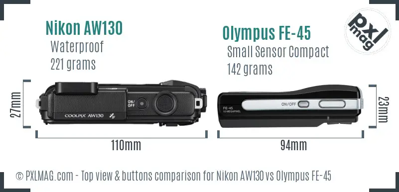 Nikon AW130 vs Olympus FE-45 top view buttons comparison