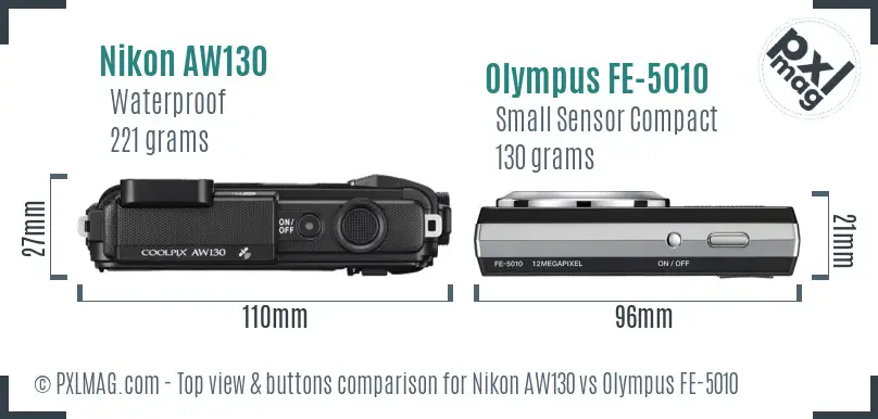 Nikon AW130 vs Olympus FE-5010 top view buttons comparison Nikon AW130 vs Olympus FE-5010 top view buttons comparison