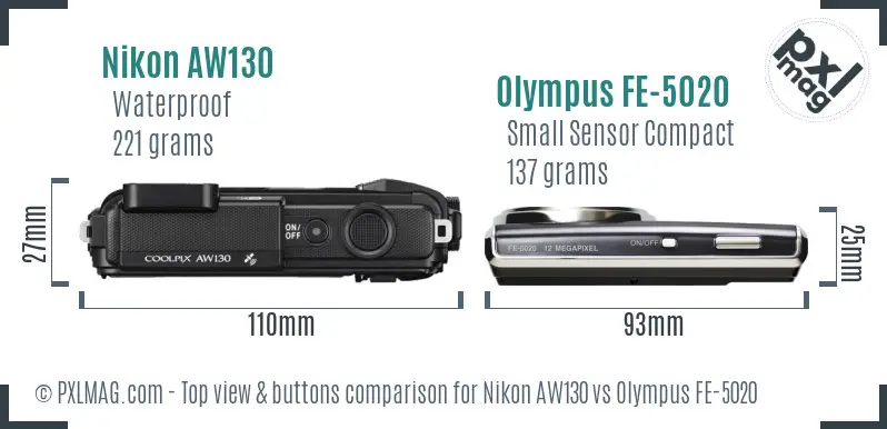 Nikon AW130 vs Olympus FE-5020 top view buttons comparison