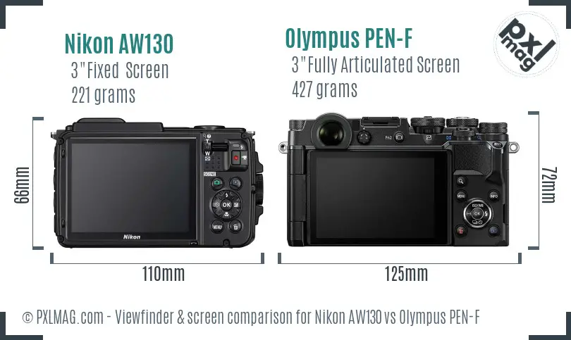 Nikon AW130 vs Olympus PEN-F Screen and Viewfinder comparison