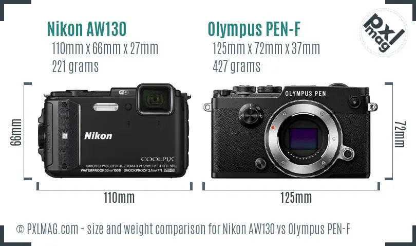 Nikon AW130 vs Olympus PEN-F size comparison