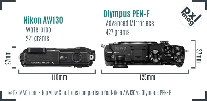 Nikon AW130 vs Olympus PEN-F top view buttons comparison