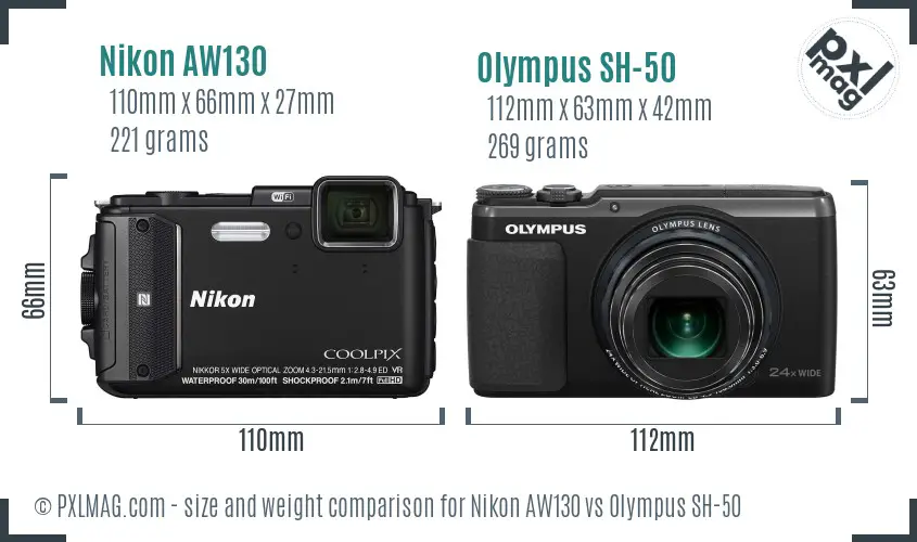 Nikon AW130 vs Olympus SH-50 size comparison