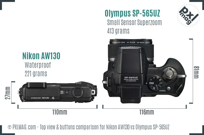 Nikon AW130 vs Olympus SP-565UZ top view buttons comparison