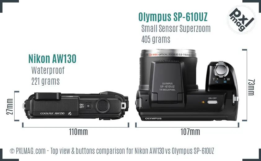 Nikon AW130 vs Olympus SP-610UZ top view buttons comparison Nikon AW130 vs Olympus SP-610UZ top view buttons comparison
