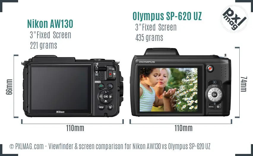 Nikon AW130 vs Olympus SP-620 UZ Screen and Viewfinder comparison