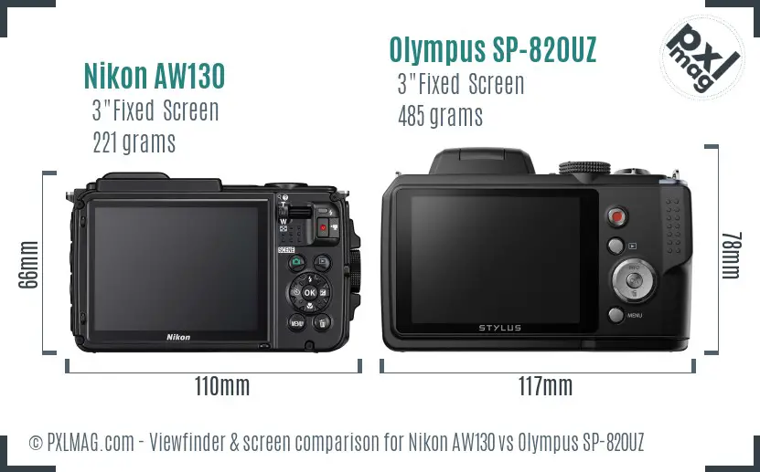 Nikon AW130 vs Olympus SP-820UZ Screen and Viewfinder comparison
