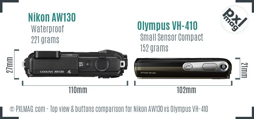 Nikon AW130 vs Olympus VH-410 top view buttons comparison Nikon AW130 vs Olympus VH-410 top view buttons comparison
