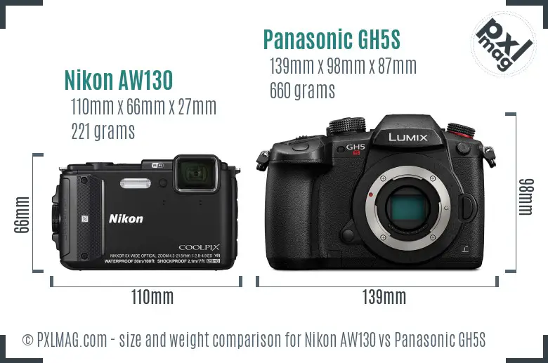 Nikon AW130 vs Panasonic GH5S size comparison