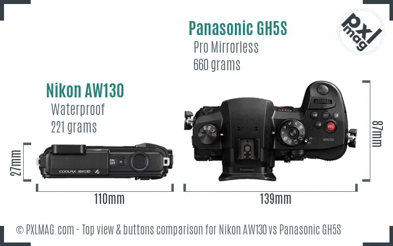Nikon AW130 vs Panasonic GH5S top view buttons comparison