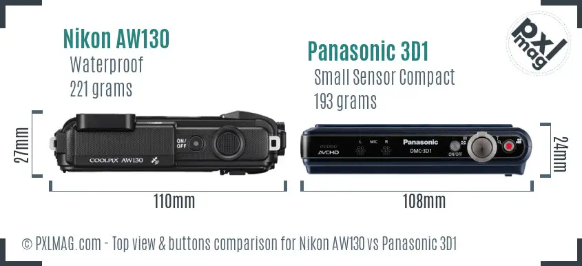 Nikon AW130 vs Panasonic 3D1 top view buttons comparison