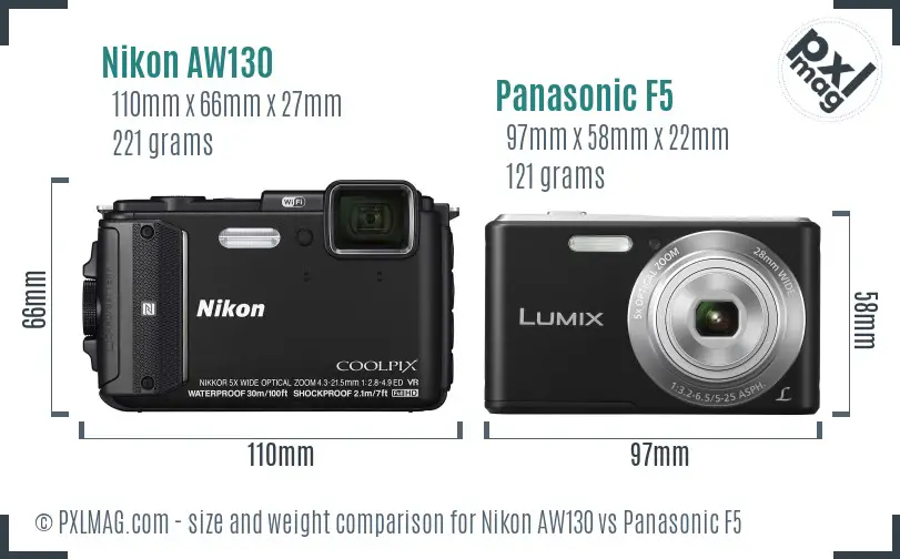 Nikon AW130 vs Panasonic F5 size comparison