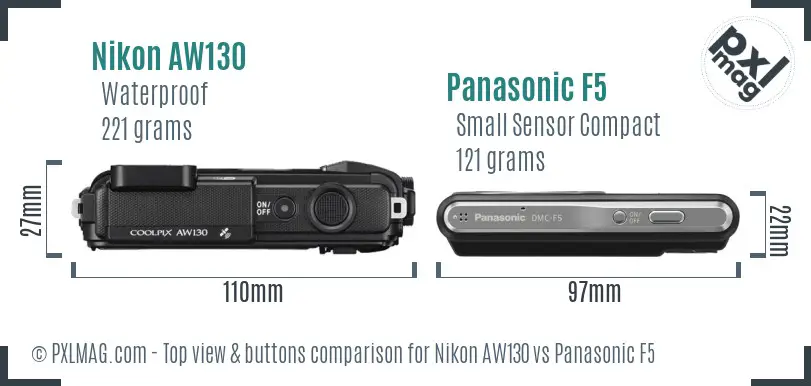 Nikon AW130 vs Panasonic F5 top view buttons comparison