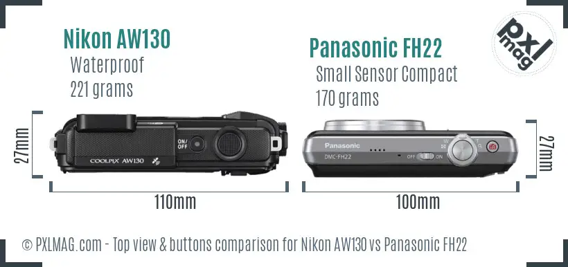 Nikon AW130 vs Panasonic FH22 top view buttons comparison Nikon AW130 vs Panasonic FH22 top view buttons comparison