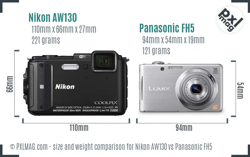 Nikon AW130 vs Panasonic FH5 size comparison