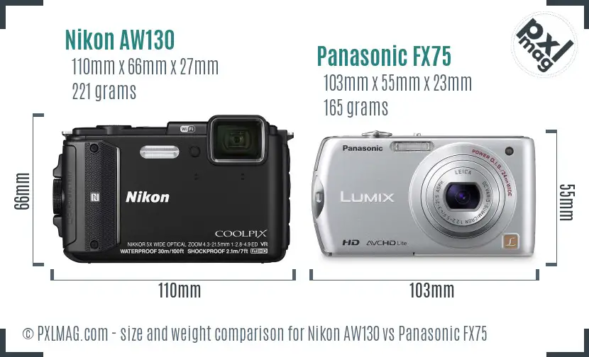 Nikon AW130 vs Panasonic FX75 size comparison