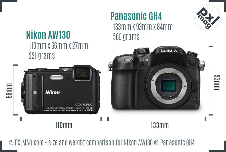 Nikon AW130 vs Panasonic GH4 size comparison