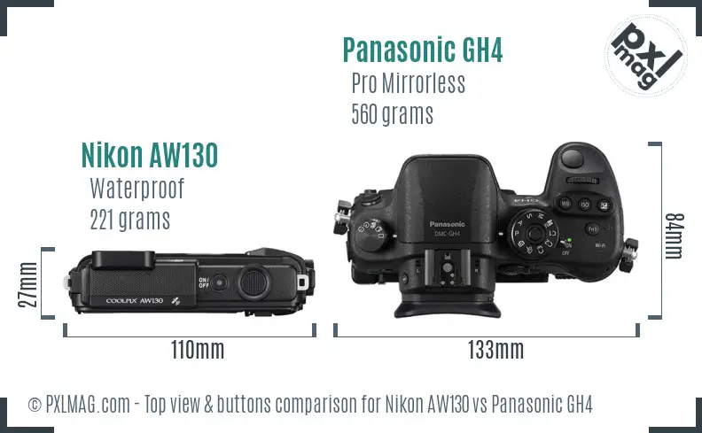 Nikon AW130 vs Panasonic GH4 top view buttons comparison