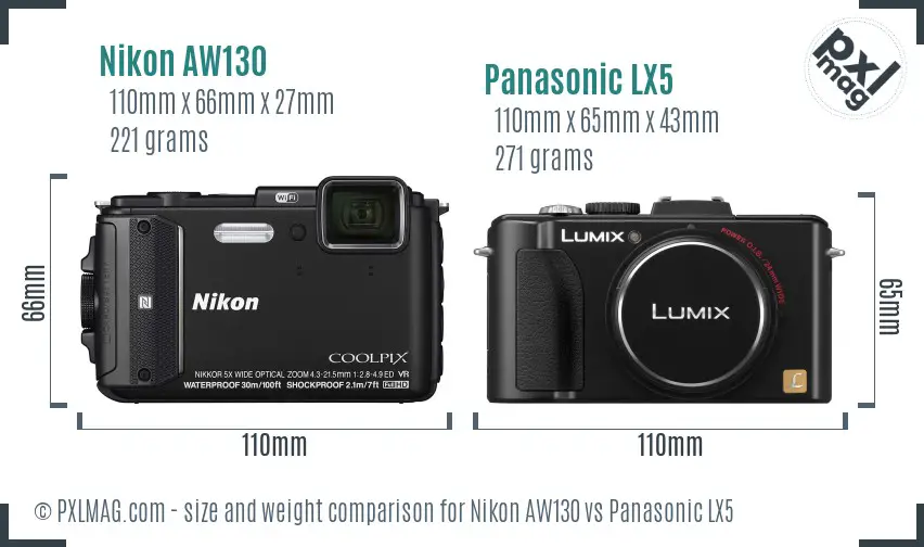 Nikon AW130 vs Panasonic LX5 size comparison