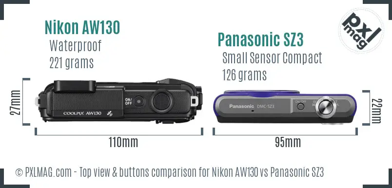 Nikon AW130 vs Panasonic SZ3 top view buttons comparison Nikon AW130 vs Panasonic SZ3 top view buttons comparison