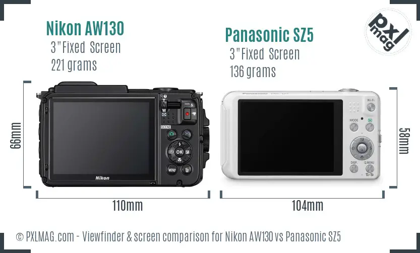 Nikon AW130 vs Panasonic SZ5 Screen and Viewfinder comparison