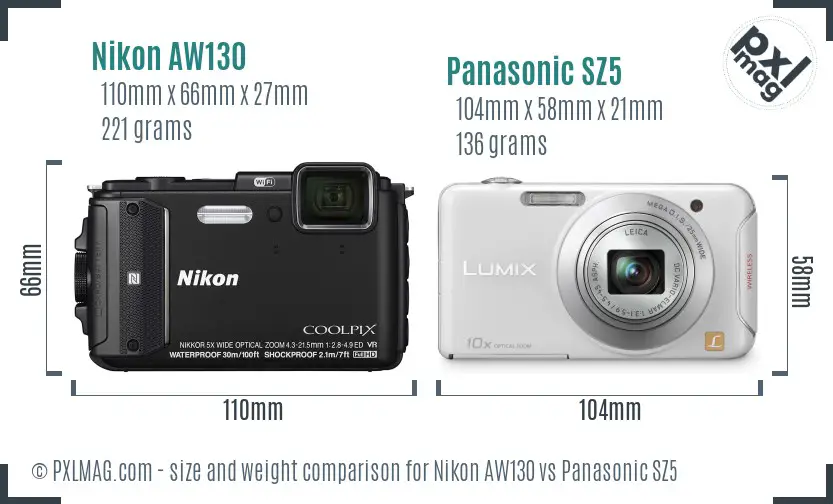 Nikon AW130 vs Panasonic SZ5 size comparison