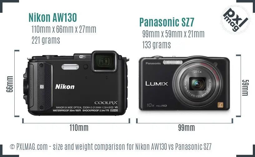Nikon AW130 vs Panasonic SZ7 size comparison