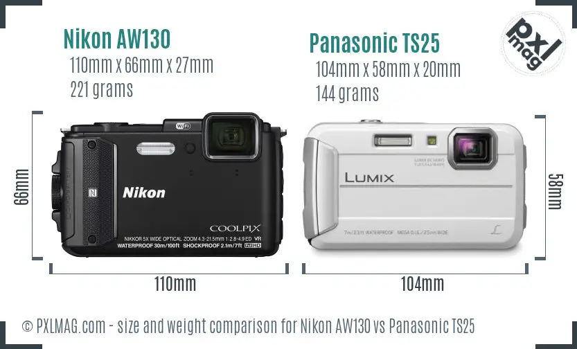 Nikon AW130 vs Panasonic TS25 size comparison