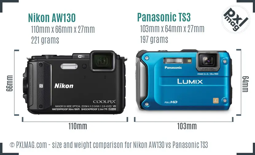 Nikon AW130 vs Panasonic TS3 size comparison