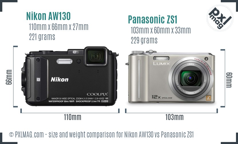 Nikon AW130 vs Panasonic ZS1 size comparison