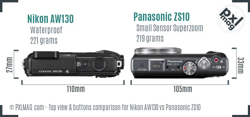 Nikon AW130 vs Panasonic ZS10 top view buttons comparison Nikon AW130 vs Panasonic ZS10 top view buttons comparison