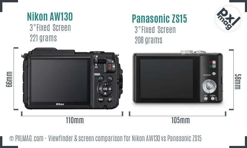 Nikon AW130 vs Panasonic ZS15 Screen and Viewfinder comparison