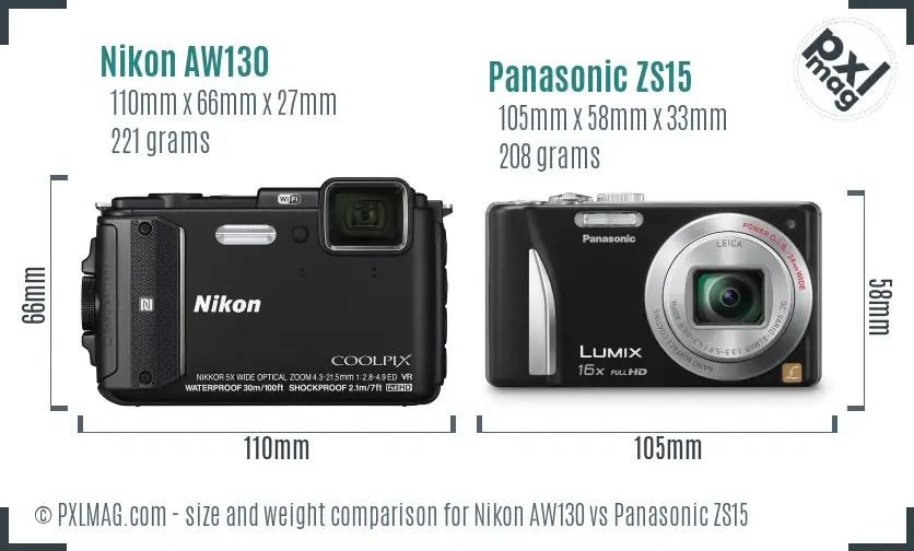 Nikon AW130 vs Panasonic ZS15 size comparison
