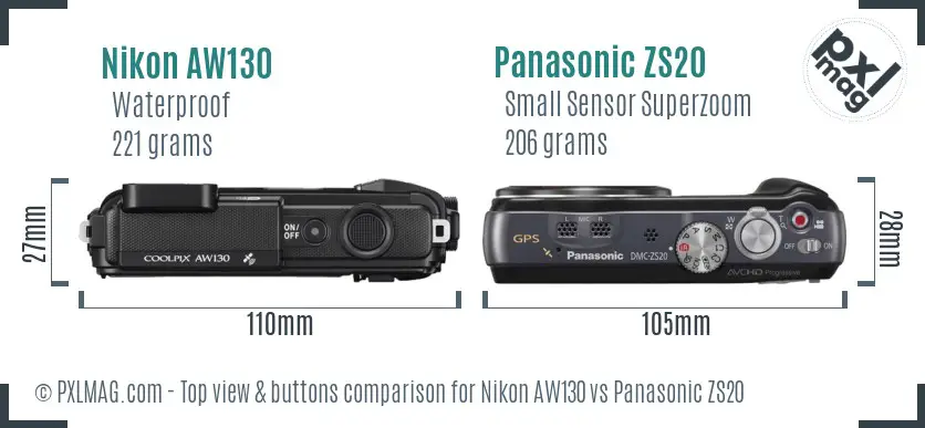 Nikon AW130 vs Panasonic ZS20 top view buttons comparison