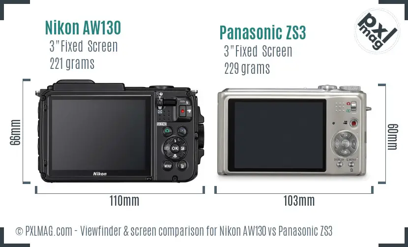 Nikon AW130 vs Panasonic ZS3 Screen and Viewfinder comparison
