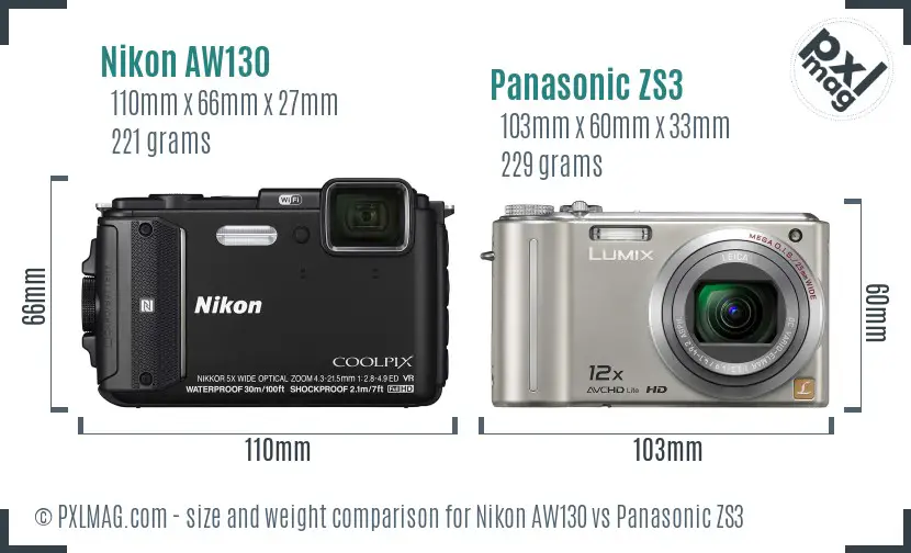 Nikon AW130 vs Panasonic ZS3 size comparison