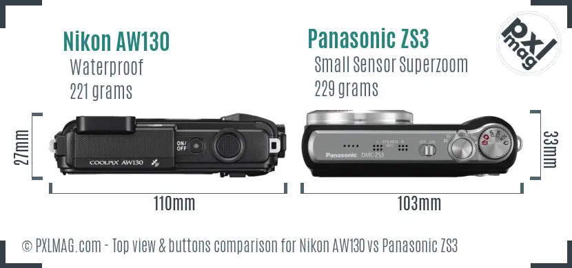 Nikon AW130 vs Panasonic ZS3 top view buttons comparison