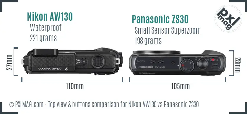 Nikon AW130 vs Panasonic ZS30 top view buttons comparison