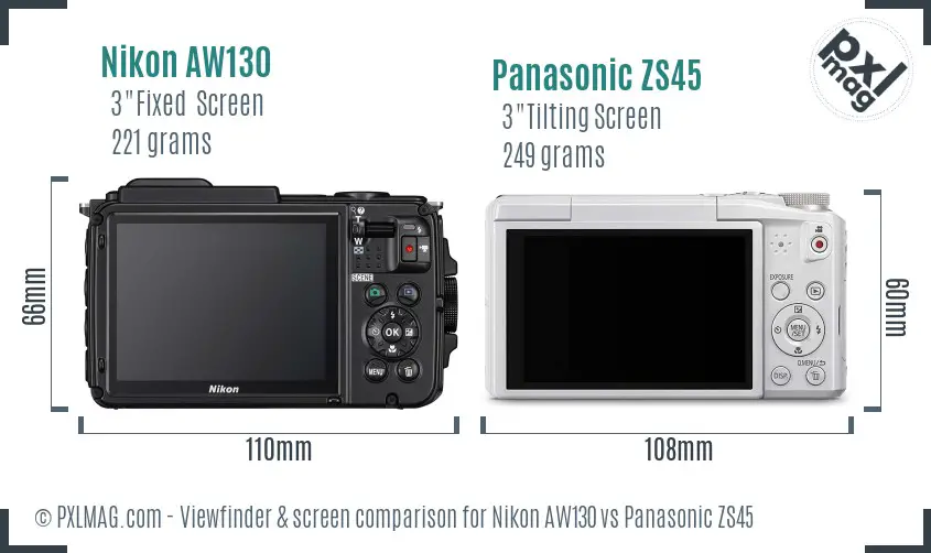 Nikon AW130 vs Panasonic ZS45 Screen and Viewfinder comparison