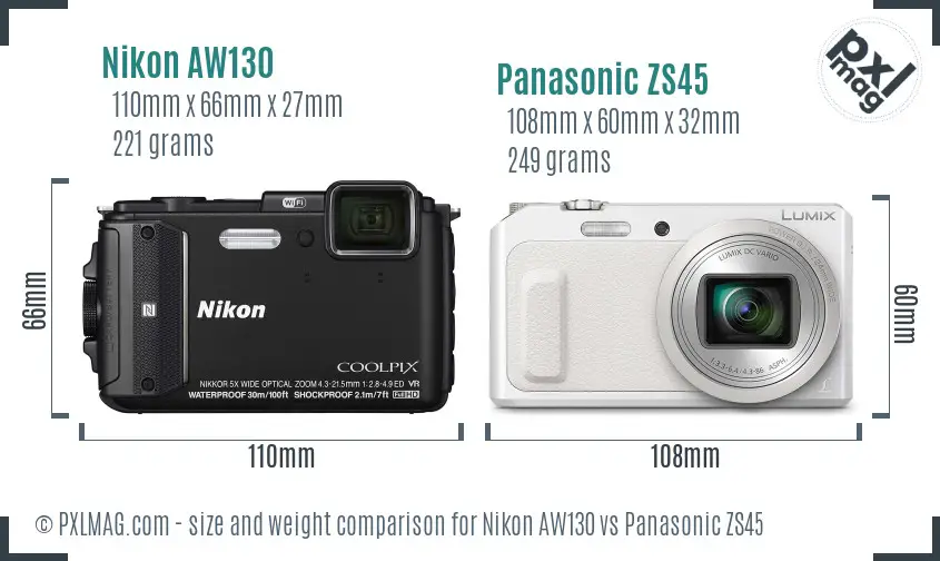 Nikon AW130 vs Panasonic ZS45 size comparison