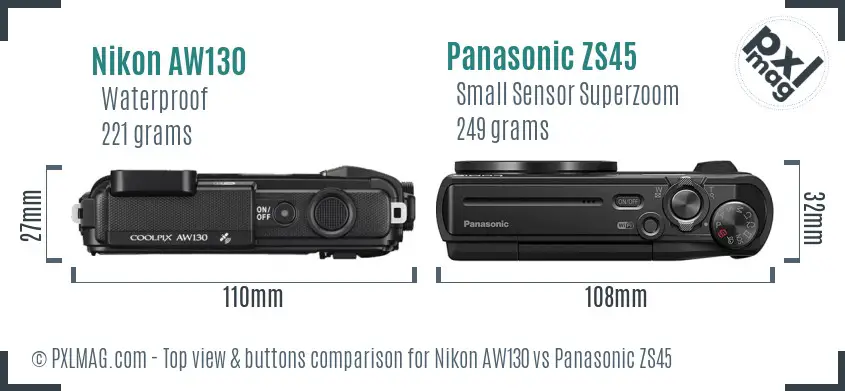 Nikon AW130 vs Panasonic ZS45 top view buttons comparison