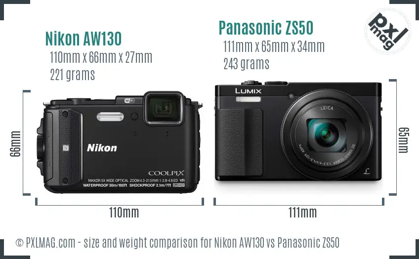 Nikon AW130 vs Panasonic ZS50 size comparison