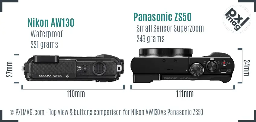Nikon AW130 vs Panasonic ZS50 top view buttons comparison