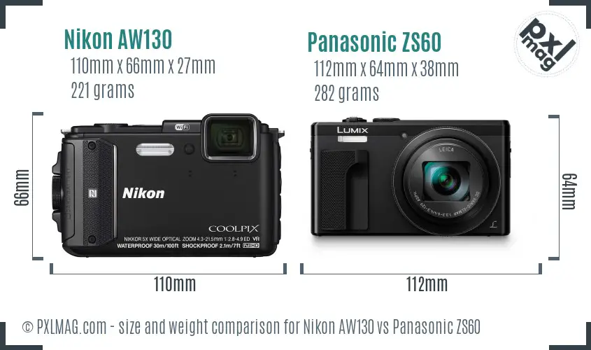 Nikon AW130 vs Panasonic ZS60 size comparison