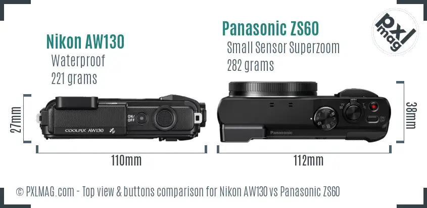 Nikon AW130 vs Panasonic ZS60 top view buttons comparison