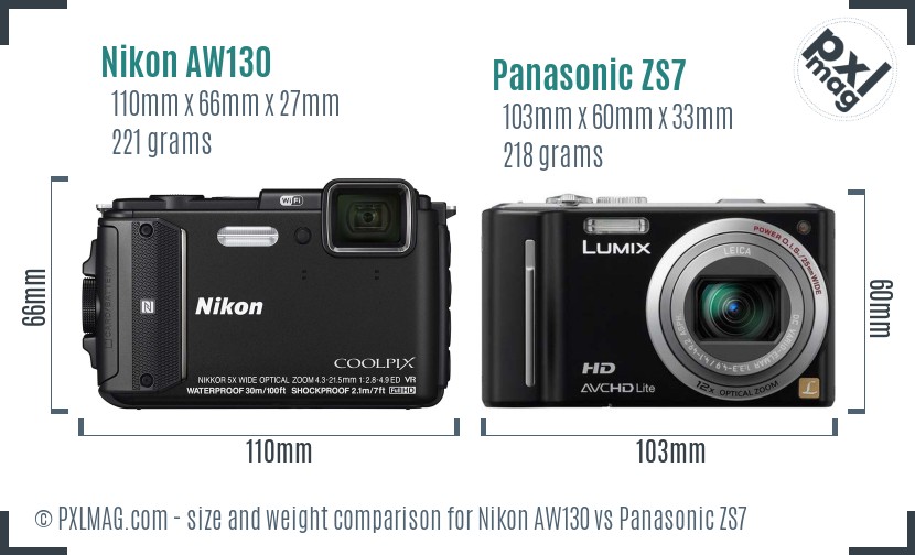 Nikon AW130 vs Panasonic ZS7 size comparison