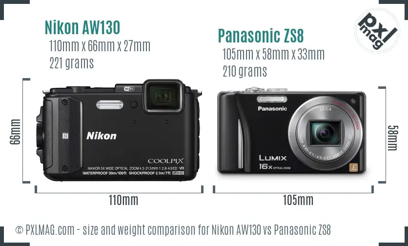 Nikon AW130 vs Panasonic ZS8 size comparison Nikon AW130 vs Panasonic ZS8 size comparison