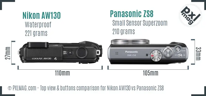 Nikon AW130 vs Panasonic ZS8 top view buttons comparison Nikon AW130 vs Panasonic ZS8 top view buttons comparison